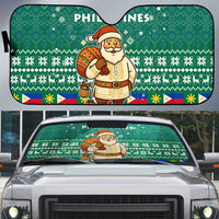 Philippines Christmas Auto Sun Shade with Green Geometric Design, Santa in Barong Tagalog, and National Coat of Arms Motif - Wonder Print Shop