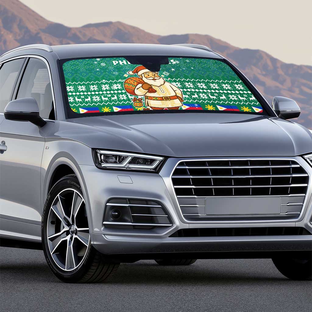 Philippines Christmas Auto Sun Shade with Green Geometric Design, Santa in Barong Tagalog, and National Coat of Arms Motif - Wonder Print Shop