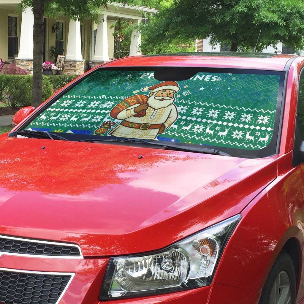 Philippines Christmas Auto Sun Shade with Green Geometric Design, Santa in Barong Tagalog, and National Coat of Arms Motif - Wonder Print Shop