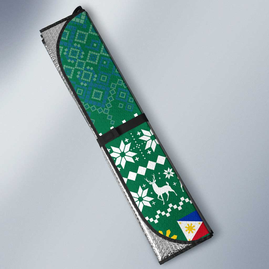 Philippines Christmas Auto Sun Shade with Green Geometric Design, Santa in Barong Tagalog, and National Coat of Arms Motif - Wonder Print Shop