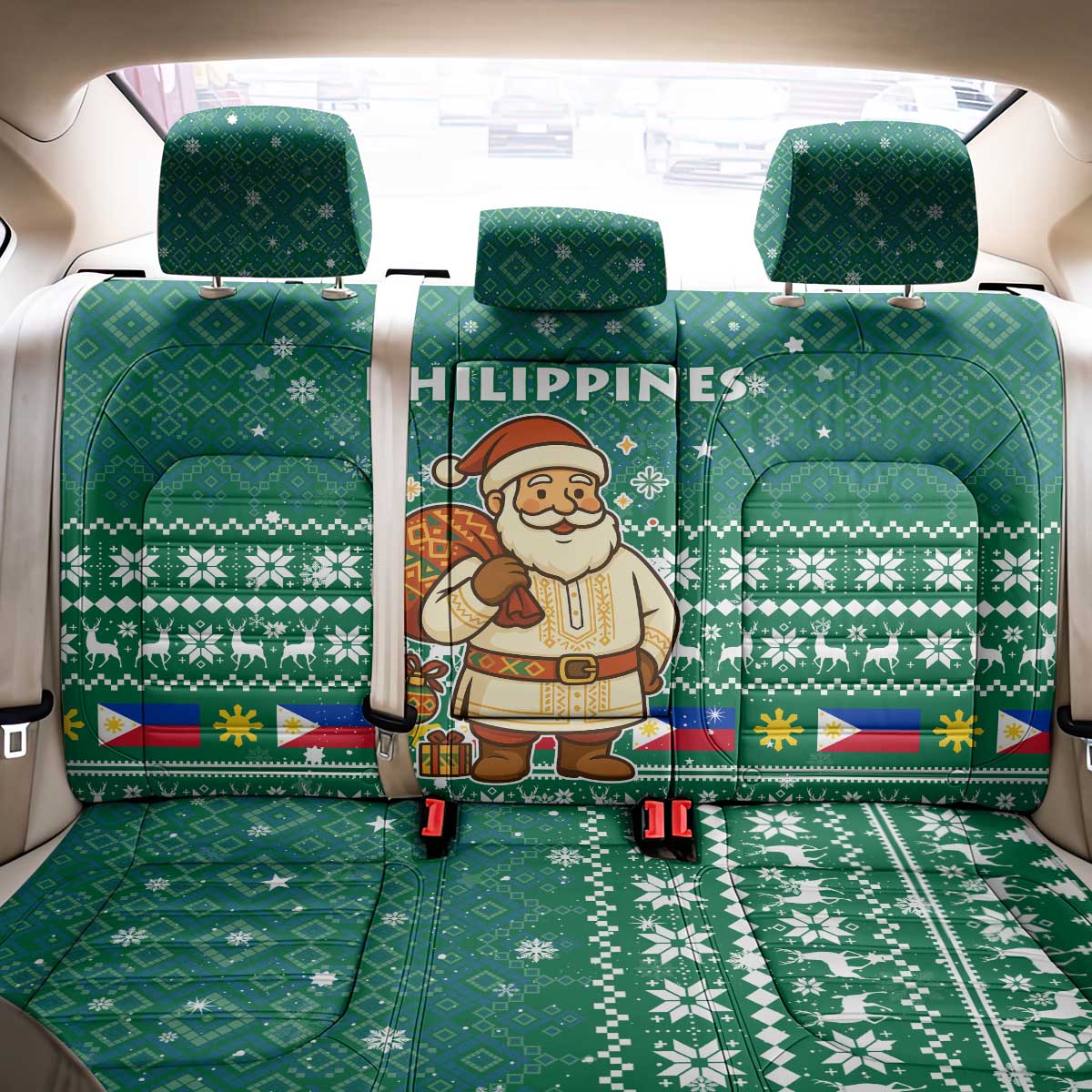 Philippines Christmas Back Car Seat Cover with Green Geometric Design, Santa in Barong Tagalog, and National Coat of Arms Motif - Wonder Print Shop