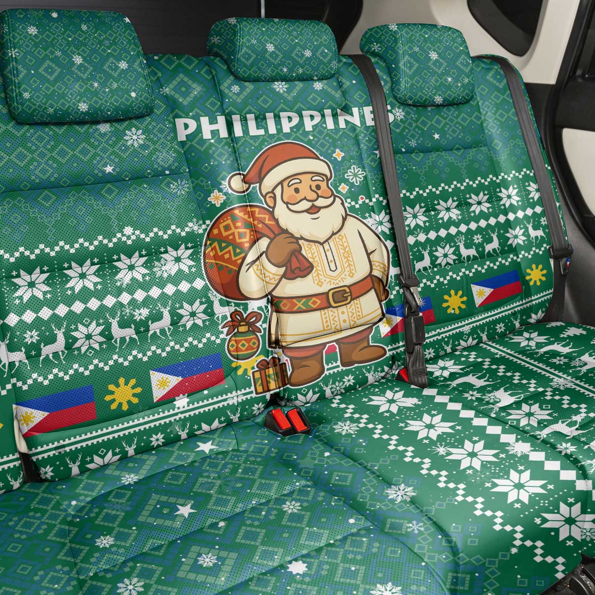 Philippines Christmas Back Car Seat Cover with Green Geometric Design, Santa in Barong Tagalog, and National Coat of Arms Motif - Wonder Print Shop