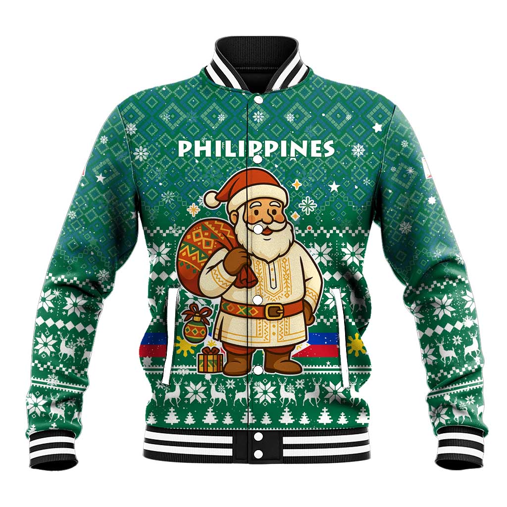 Philippines Christmas Baseball Jacket with Green Geometric Design, Santa in Barong Tagalog, and National Coat of Arms Motif - Wonder Print Shop