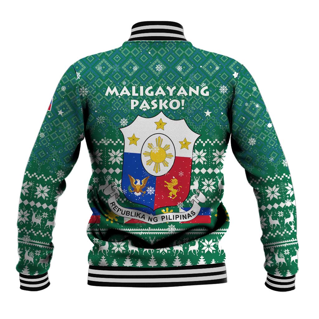 Philippines Christmas Baseball Jacket with Green Geometric Design, Santa in Barong Tagalog, and National Coat of Arms Motif - Wonder Print Shop