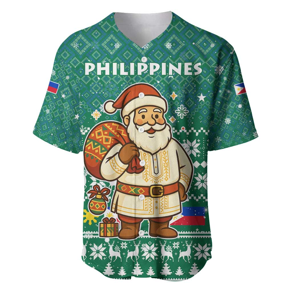 Philippines Christmas Baseball Jersey with Green Geometric Design, Santa in Barong Tagalog, and National Coat of Arms Motif - Wonder Print Shop