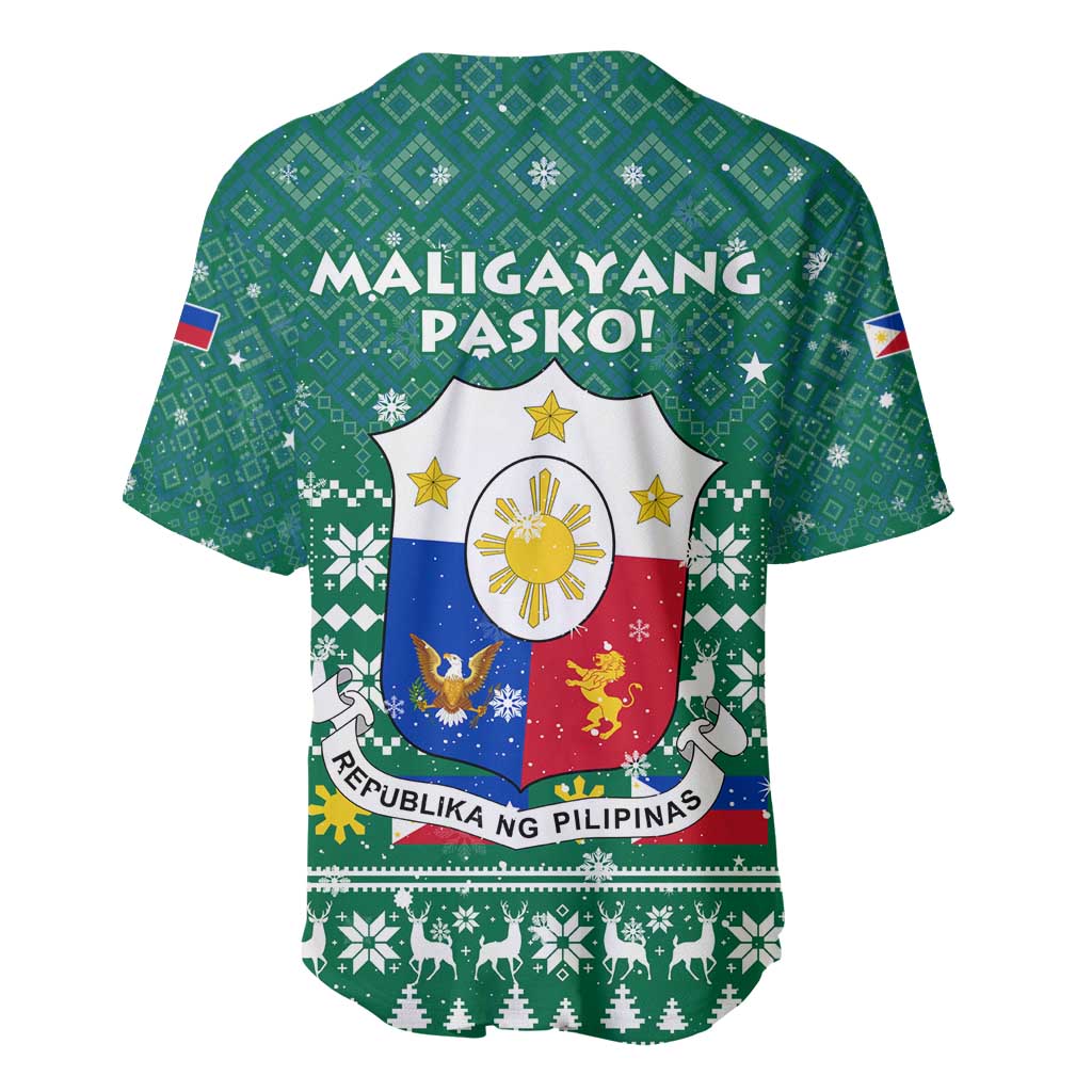 Philippines Christmas Baseball Jersey with Green Geometric Design, Santa in Barong Tagalog, and National Coat of Arms Motif - Wonder Print Shop