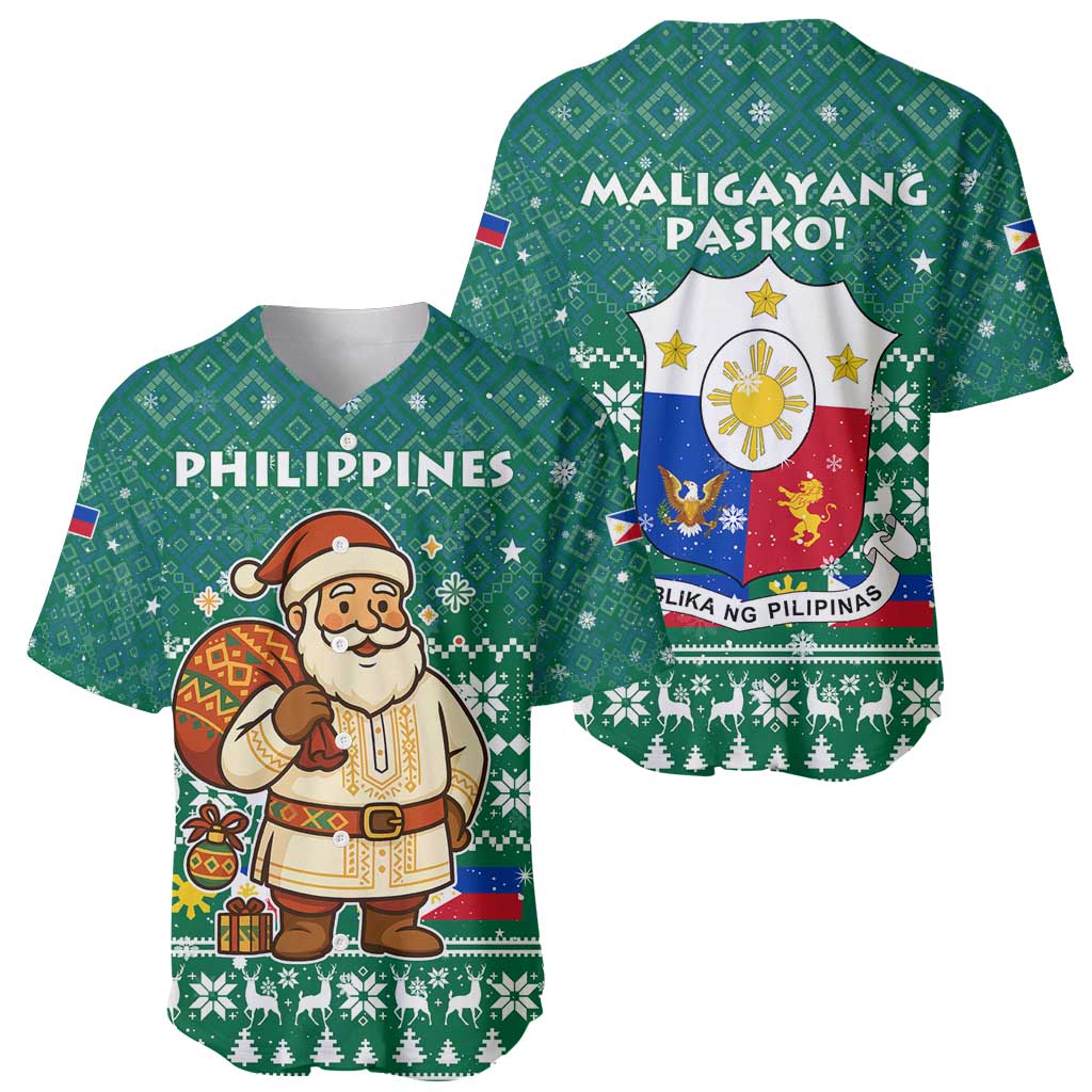 Philippines Christmas Baseball Jersey with Green Geometric Design, Santa in Barong Tagalog, and National Coat of Arms Motif - Wonder Print Shop