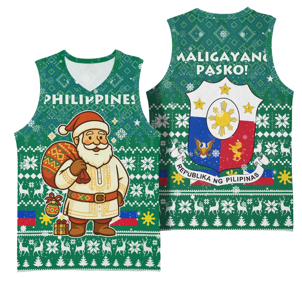 Philippines Christmas Basketball Jersey with Green Geometric Design, Santa in Barong Tagalog, and National Coat of Arms Motif - Wonder Print Shop