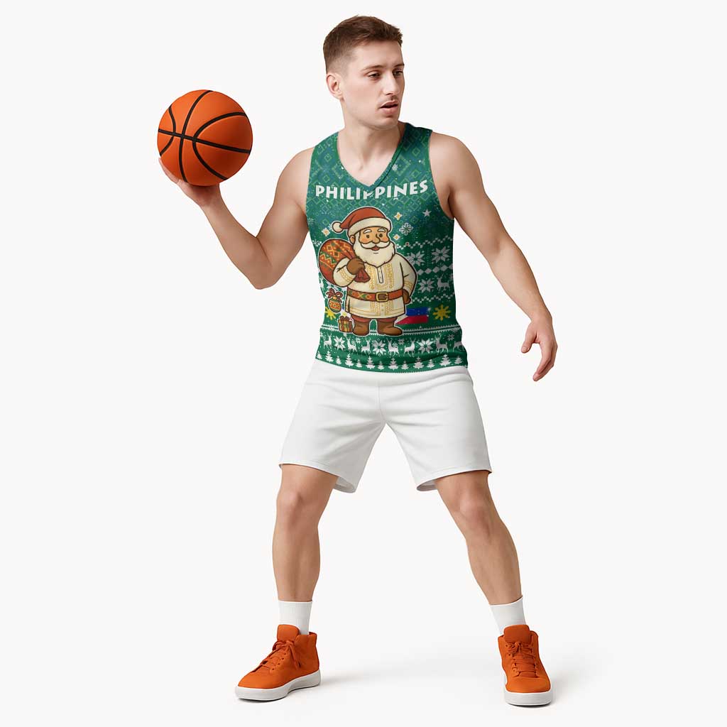 Philippines Christmas Basketball Jersey with Green Geometric Design, Santa in Barong Tagalog, and National Coat of Arms Motif - Wonder Print Shop