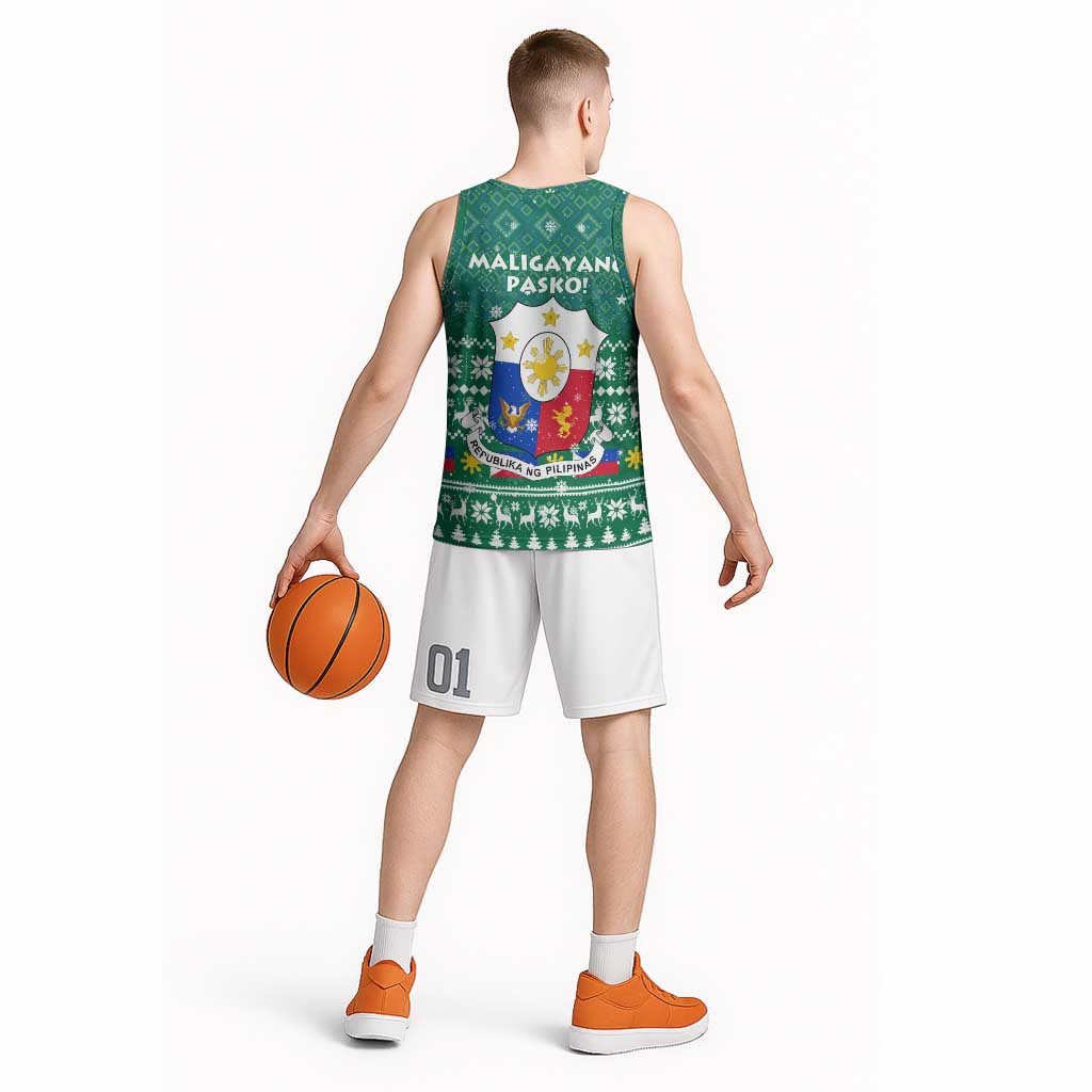 Philippines Christmas Basketball Jersey with Green Geometric Design, Santa in Barong Tagalog, and National Coat of Arms Motif - Wonder Print Shop