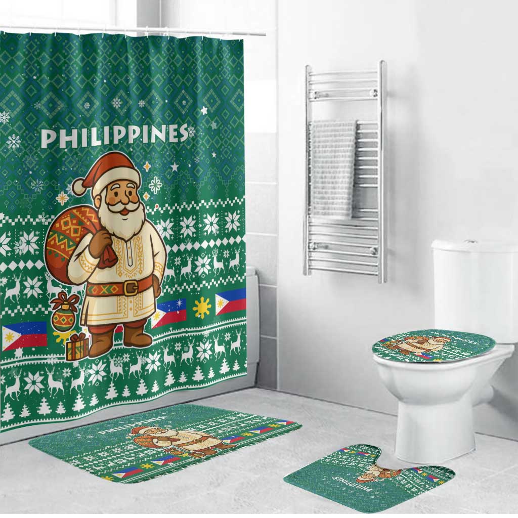 Philippines Christmas Bathroom Set with Green Geometric Design, Santa in Barong Tagalog, and National Coat of Arms Motif - Wonder Print Shop