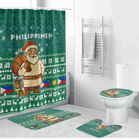Philippines Christmas Bathroom Set with Green Geometric Design, Santa in Barong Tagalog, and National Coat of Arms Motif - Wonder Print Shop