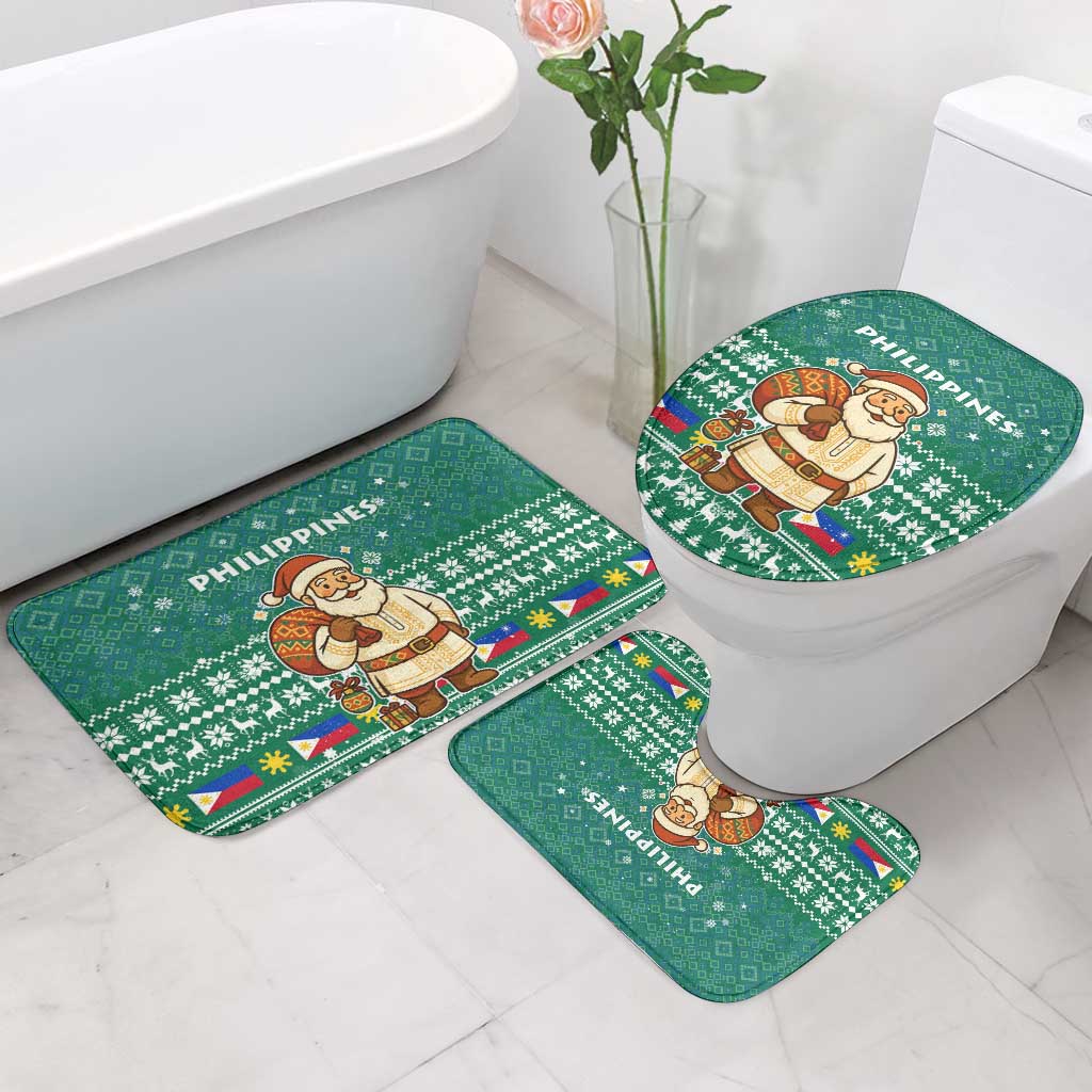 Philippines Christmas Bathroom Set with Green Geometric Design, Santa in Barong Tagalog, and National Coat of Arms Motif - Wonder Print Shop
