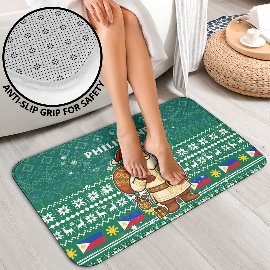 Philippines Christmas Bathroom Set with Green Geometric Design, Santa in Barong Tagalog, and National Coat of Arms Motif - Wonder Print Shop