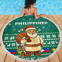 Philippines Christmas Beach Blanket with Green Geometric Design, Santa in Barong Tagalog, and National Coat of Arms Motif - Wonder Print Shop