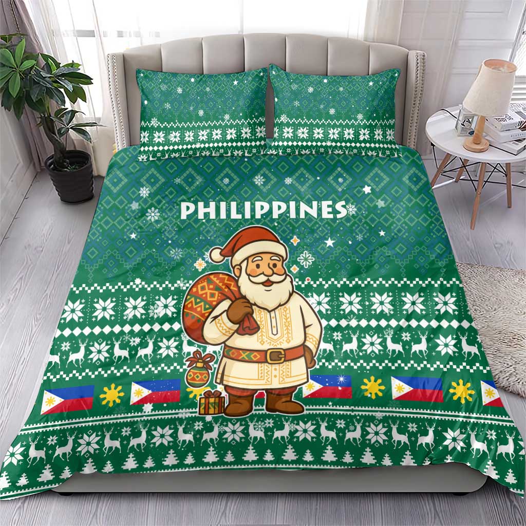 Philippines Christmas Bedding Set with Green Geometric Design, Santa in Barong Tagalog, and National Coat of Arms Motif - Wonder Print Shop