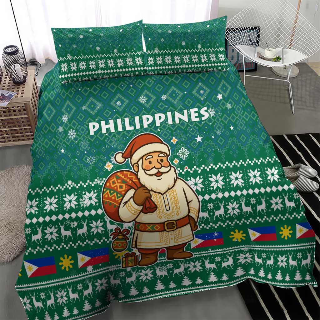 Philippines Christmas Bedding Set with Green Geometric Design, Santa in Barong Tagalog, and National Coat of Arms Motif - Wonder Print Shop