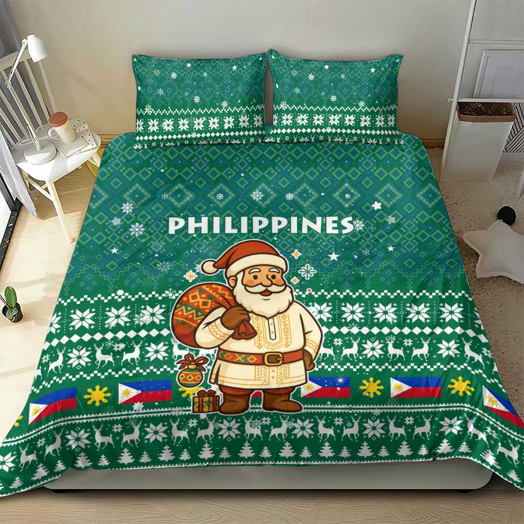 Philippines Christmas Bedding Set with Green Geometric Design, Santa in Barong Tagalog, and National Coat of Arms Motif - Wonder Print Shop