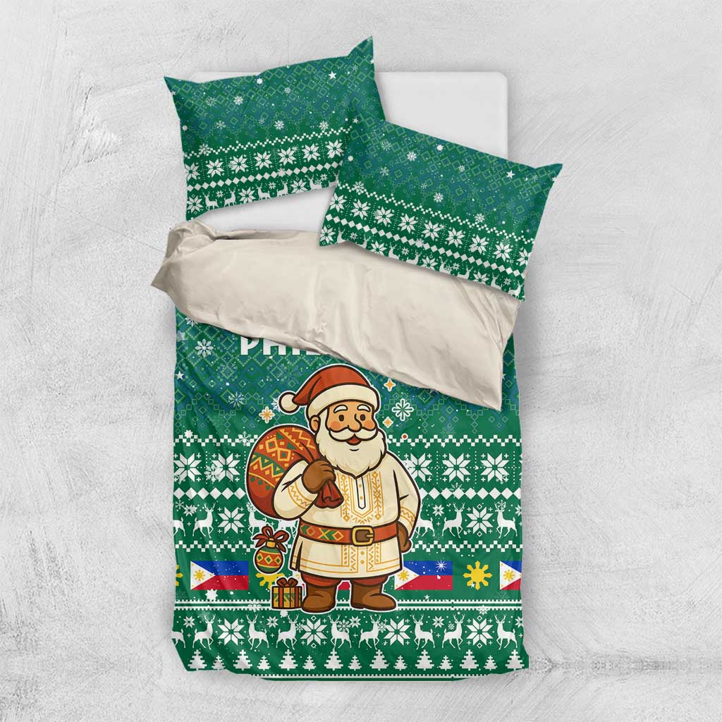 Philippines Christmas Bedding Set with Green Geometric Design, Santa in Barong Tagalog, and National Coat of Arms Motif - Wonder Print Shop