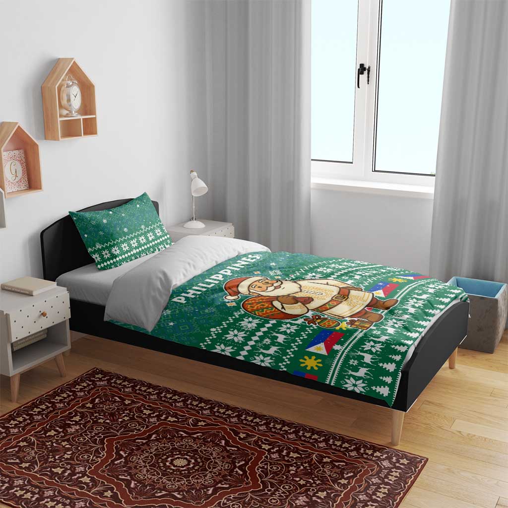 Philippines Christmas Bedding Set with Green Geometric Design, Santa in Barong Tagalog, and National Coat of Arms Motif - Wonder Print Shop