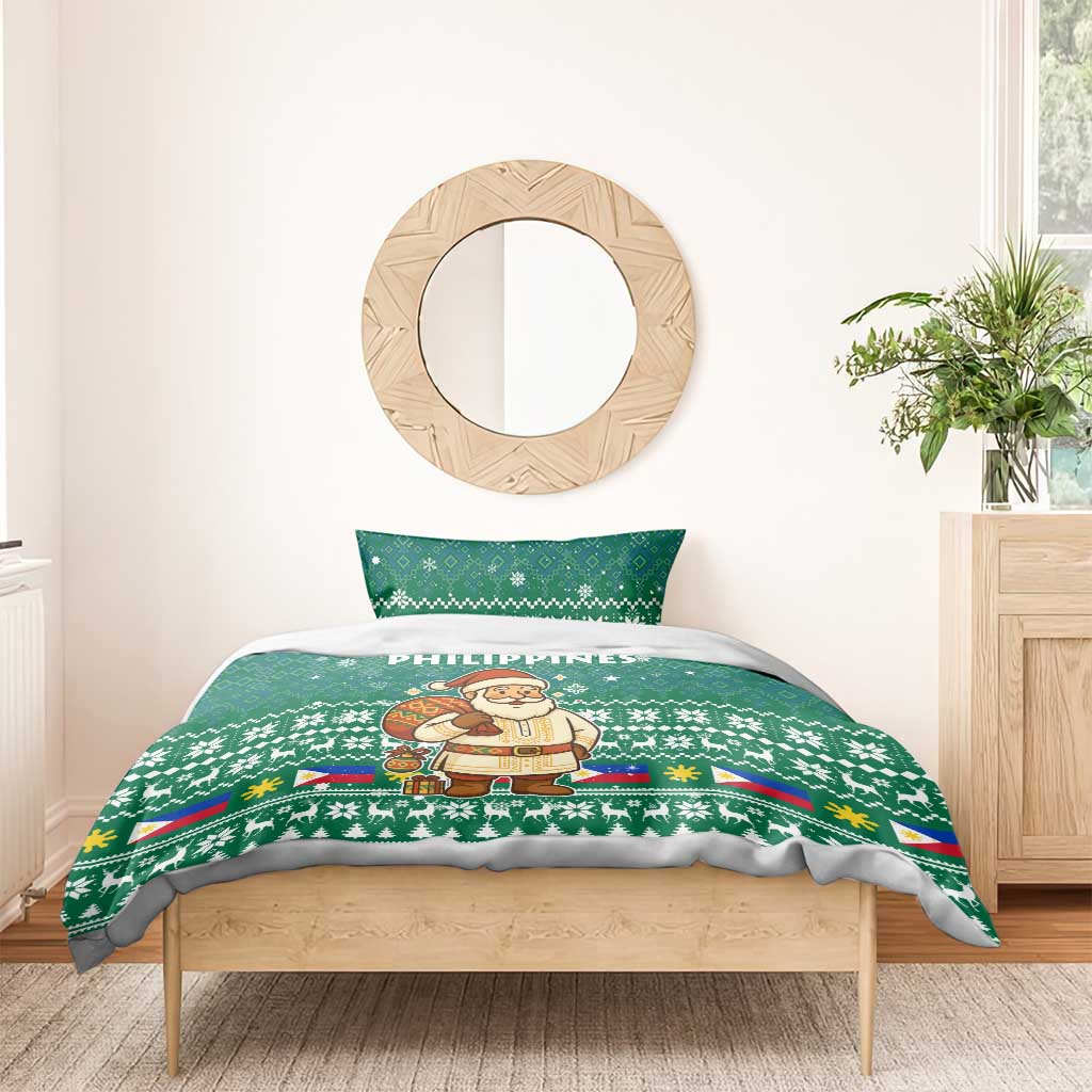 Philippines Christmas Bedding Set with Green Geometric Design, Santa in Barong Tagalog, and National Coat of Arms Motif - Wonder Print Shop