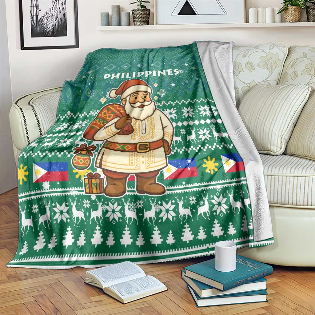 Philippines Christmas Blanket with Green Geometric Design, Santa in Barong Tagalog, and National Coat of Arms Motif - Wonder Print Shop