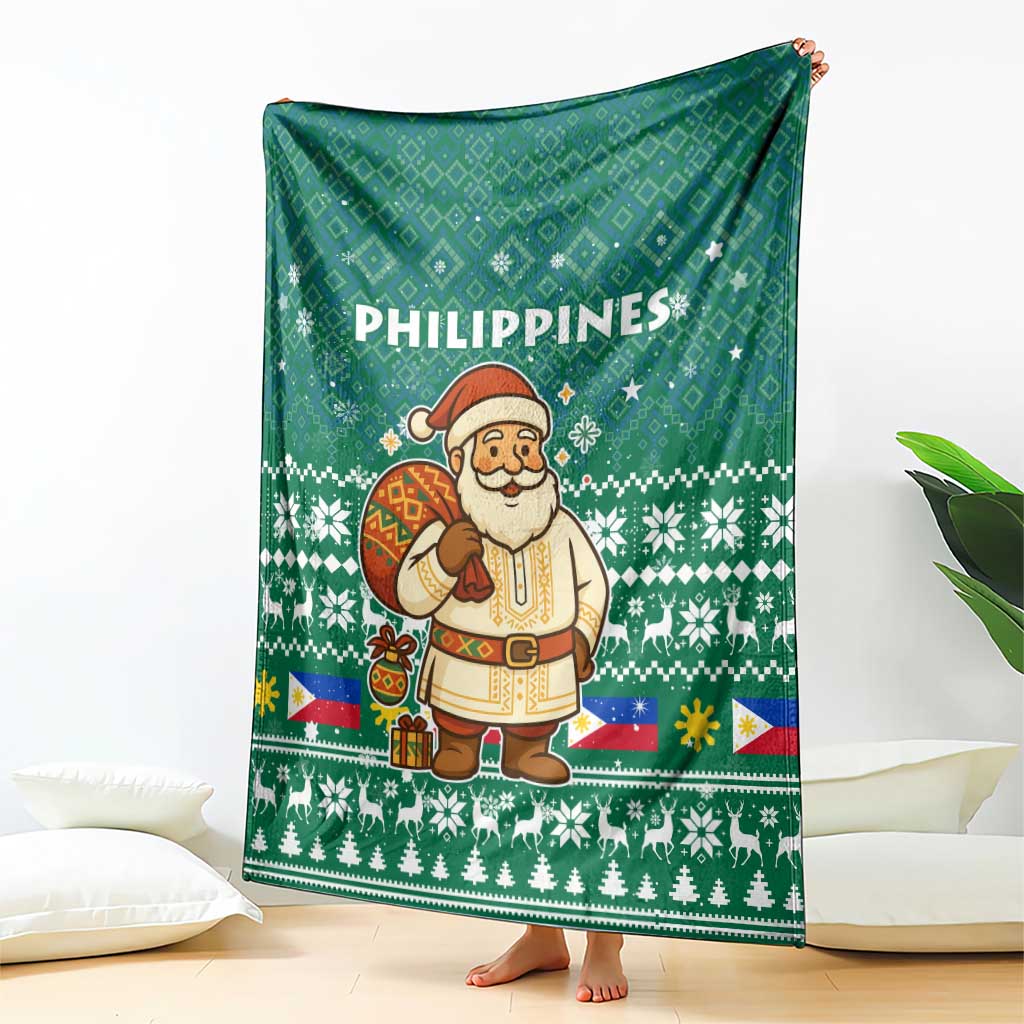 Philippines Christmas Blanket with Green Geometric Design, Santa in Barong Tagalog, and National Coat of Arms Motif - Wonder Print Shop