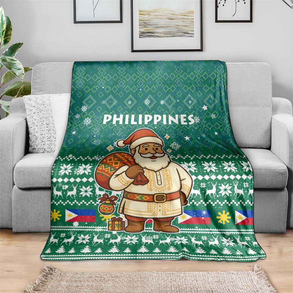 Philippines Christmas Blanket with Green Geometric Design, Santa in Barong Tagalog, and National Coat of Arms Motif - Wonder Print Shop
