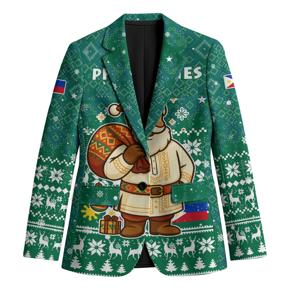 Philippines Christmas Blazer with Green Geometric Design, Santa in Barong Tagalog, and National Coat of Arms Motif - Wonder Print Shop