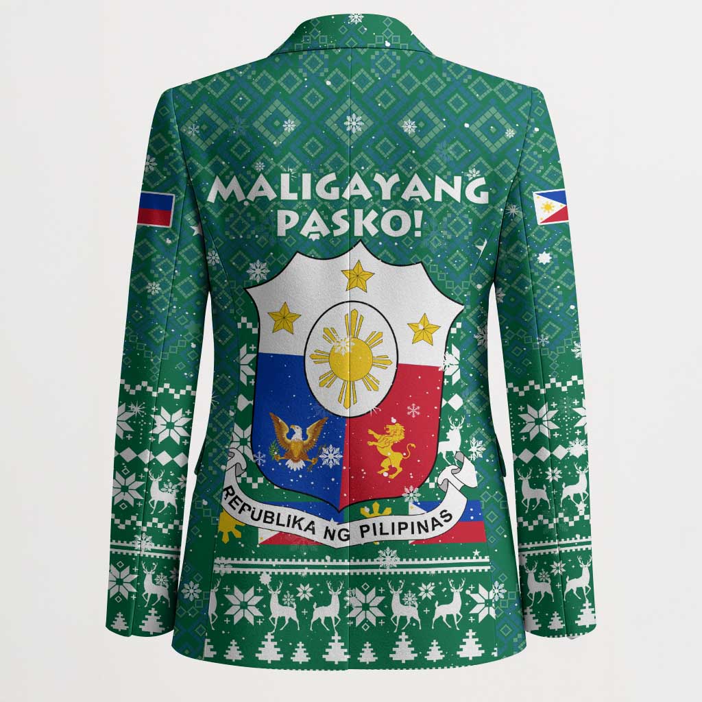 Philippines Christmas Blazer with Green Geometric Design, Santa in Barong Tagalog, and National Coat of Arms Motif - Wonder Print Shop