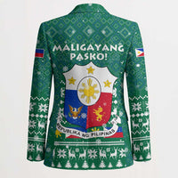 Philippines Christmas Blazer with Green Geometric Design, Santa in Barong Tagalog, and National Coat of Arms Motif - Wonder Print Shop