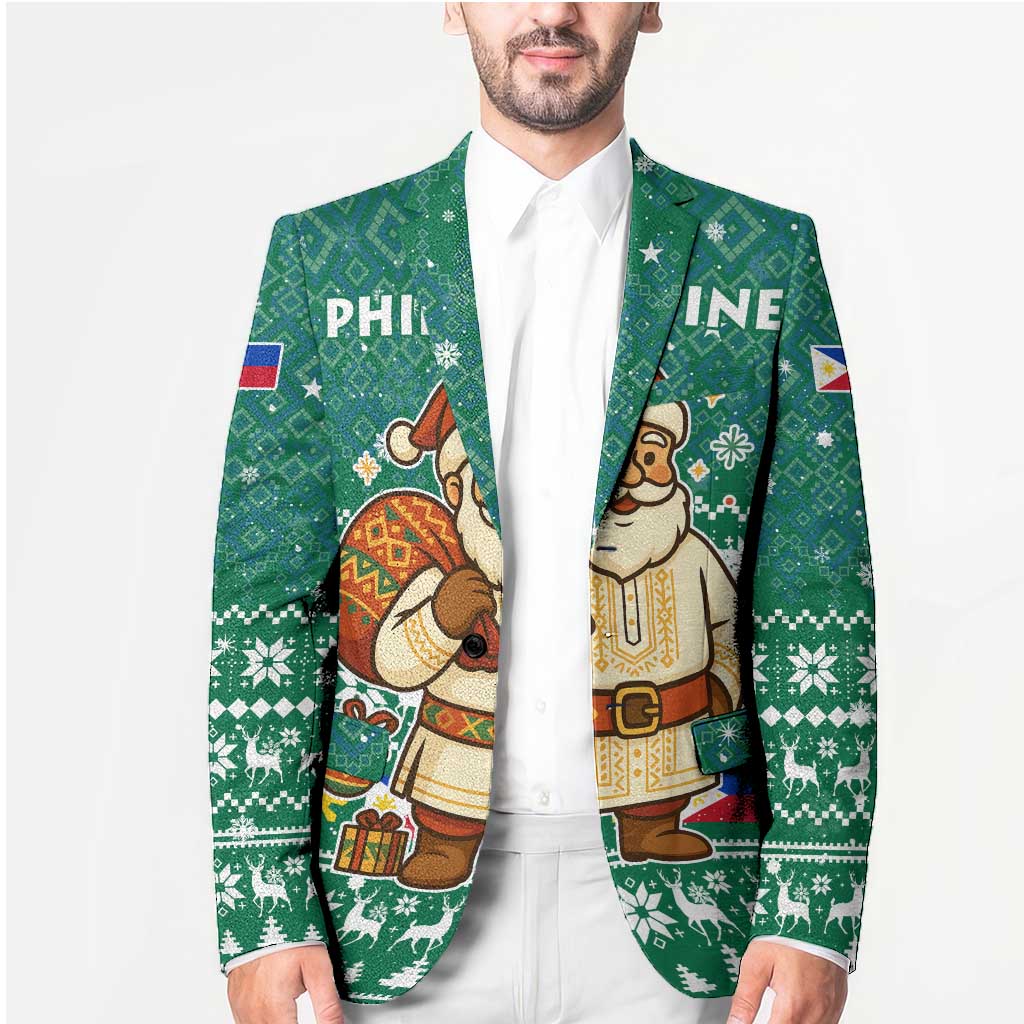 Philippines Christmas Blazer with Green Geometric Design, Santa in Barong Tagalog, and National Coat of Arms Motif - Wonder Print Shop