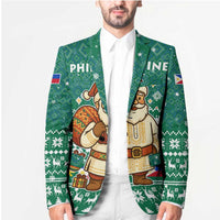 Philippines Christmas Blazer with Green Geometric Design, Santa in Barong Tagalog, and National Coat of Arms Motif - Wonder Print Shop