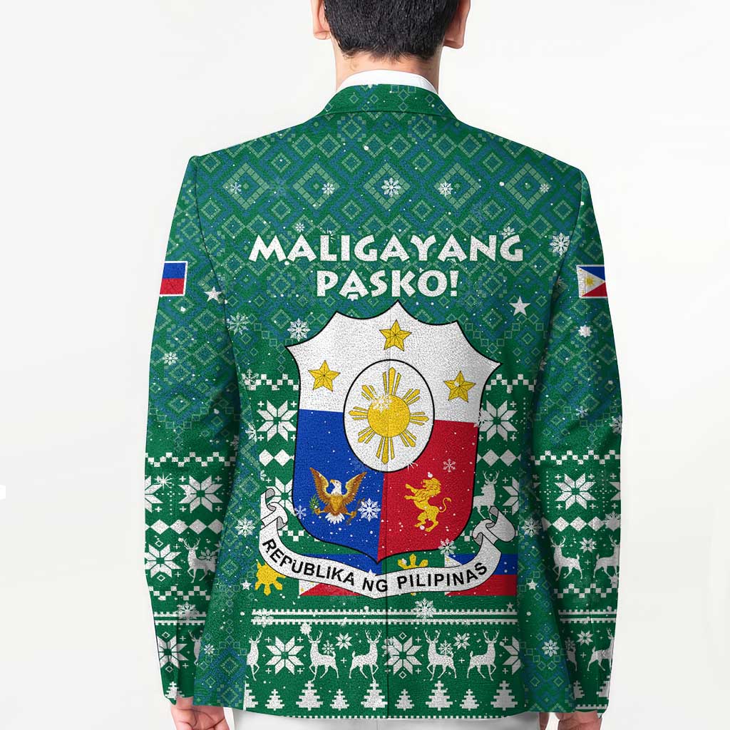 Philippines Christmas Blazer with Green Geometric Design, Santa in Barong Tagalog, and National Coat of Arms Motif - Wonder Print Shop