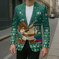 Philippines Christmas Blazer with Green Geometric Design, Santa in Barong Tagalog, and National Coat of Arms Motif - Wonder Print Shop