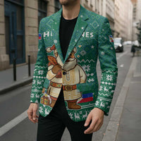 Philippines Christmas Blazer with Green Geometric Design, Santa in Barong Tagalog, and National Coat of Arms Motif - Wonder Print Shop