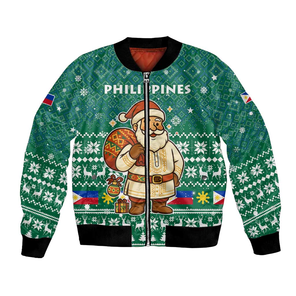 Philippines Christmas Bomber Jacket with Green Geometric Design, Santa in Barong Tagalog, and National Coat of Arms Motif - Wonder Print Shop