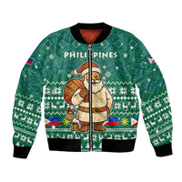 Philippines Christmas Bomber Jacket with Green Geometric Design, Santa in Barong Tagalog, and National Coat of Arms Motif - Wonder Print Shop
