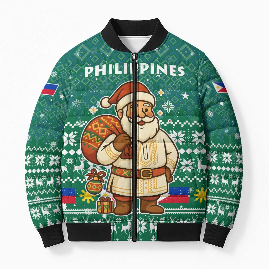 Philippines Christmas Bomber Puffer Jacket with Green Geometric Design, Santa in Barong Tagalog, and National Coat of Arms Motif - Wonder Print Shop