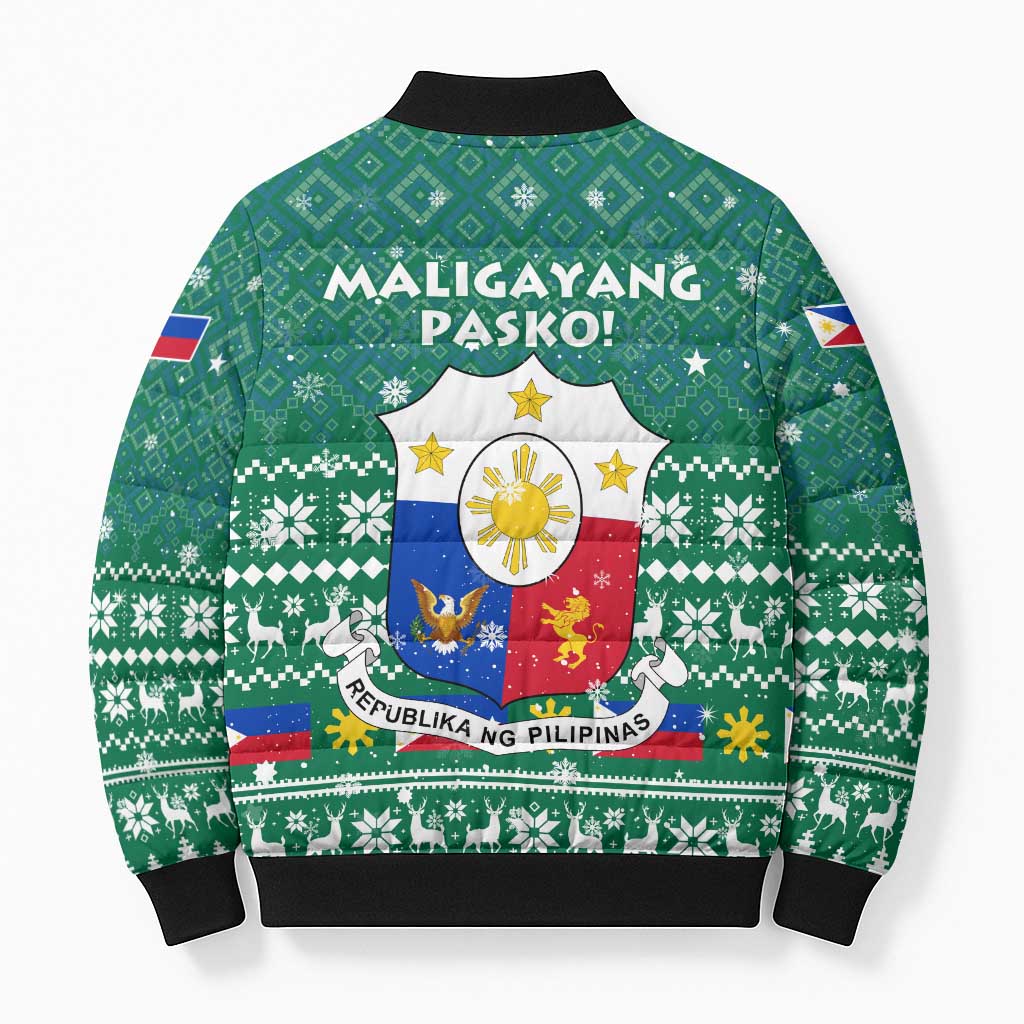 Philippines Christmas Bomber Puffer Jacket with Green Geometric Design, Santa in Barong Tagalog, and National Coat of Arms Motif - Wonder Print Shop