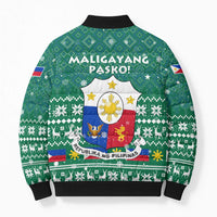 Philippines Christmas Bomber Puffer Jacket with Green Geometric Design, Santa in Barong Tagalog, and National Coat of Arms Motif - Wonder Print Shop