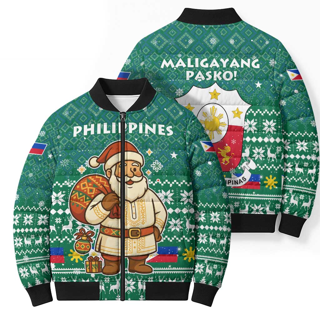Philippines Christmas Bomber Puffer Jacket with Green Geometric Design, Santa in Barong Tagalog, and National Coat of Arms Motif - Wonder Print Shop