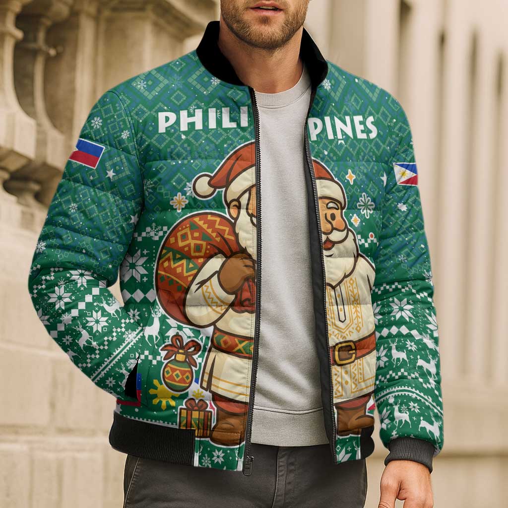 Philippines Christmas Bomber Puffer Jacket with Green Geometric Design, Santa in Barong Tagalog, and National Coat of Arms Motif - Wonder Print Shop