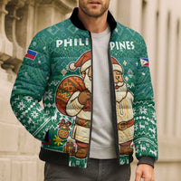 Philippines Christmas Bomber Puffer Jacket with Green Geometric Design, Santa in Barong Tagalog, and National Coat of Arms Motif - Wonder Print Shop