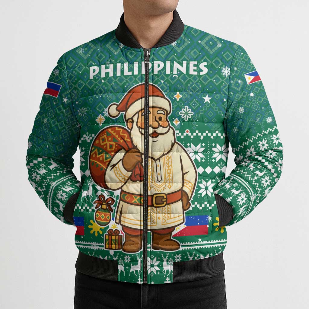 Philippines Christmas Bomber Puffer Jacket with Green Geometric Design, Santa in Barong Tagalog, and National Coat of Arms Motif - Wonder Print Shop