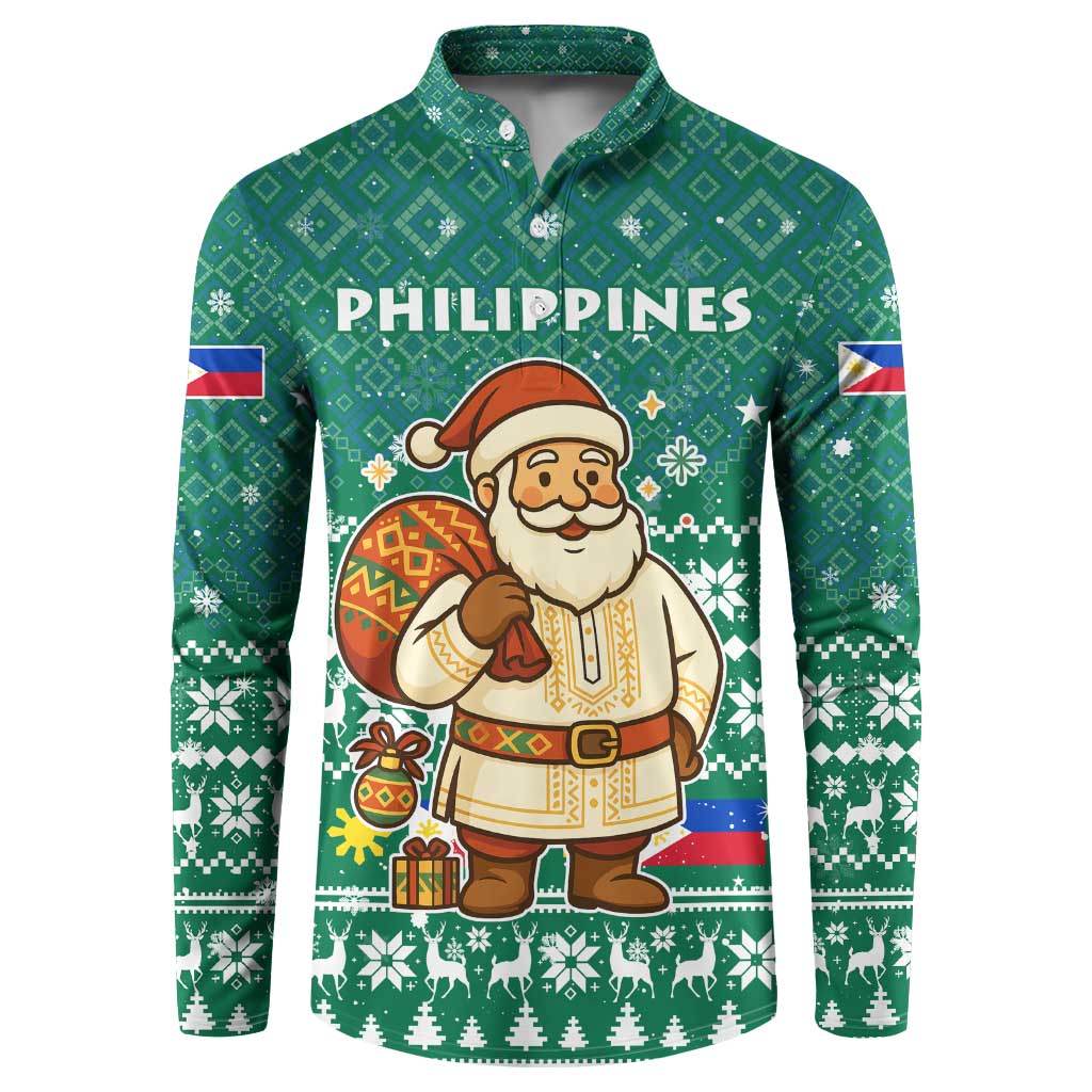 Philippines Christmas Button Sweatshirt with Green Geometric Design, Santa in Barong Tagalog, and National Coat of Arms Motif - Wonder Print Shop