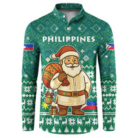 Philippines Christmas Button Sweatshirt with Green Geometric Design, Santa in Barong Tagalog, and National Coat of Arms Motif - Wonder Print Shop
