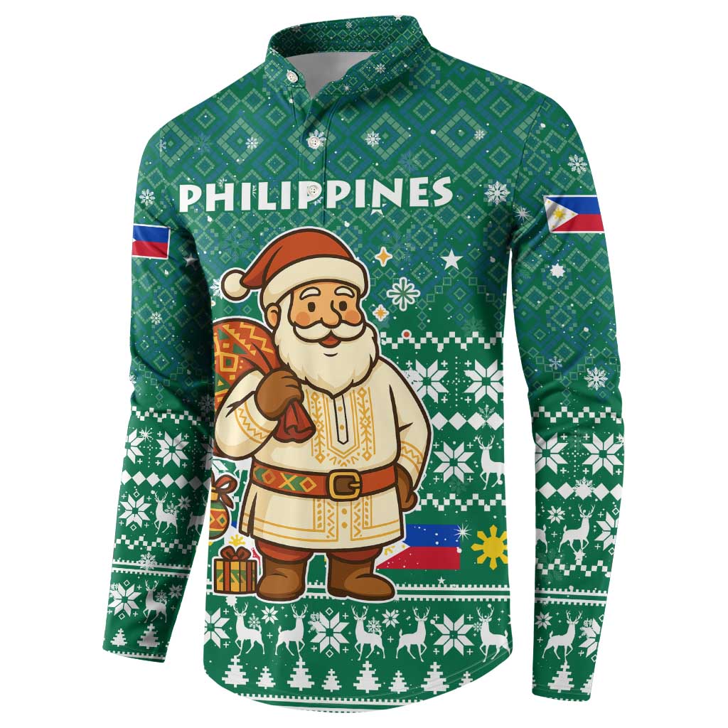Philippines Christmas Button Sweatshirt with Green Geometric Design, Santa in Barong Tagalog, and National Coat of Arms Motif - Wonder Print Shop