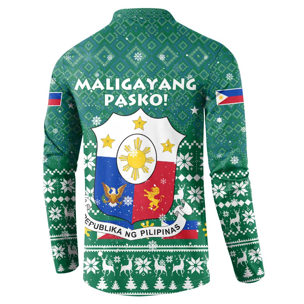 Philippines Christmas Button Sweatshirt with Green Geometric Design, Santa in Barong Tagalog, and National Coat of Arms Motif - Wonder Print Shop