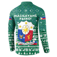 Philippines Christmas Button Sweatshirt with Green Geometric Design, Santa in Barong Tagalog, and National Coat of Arms Motif - Wonder Print Shop